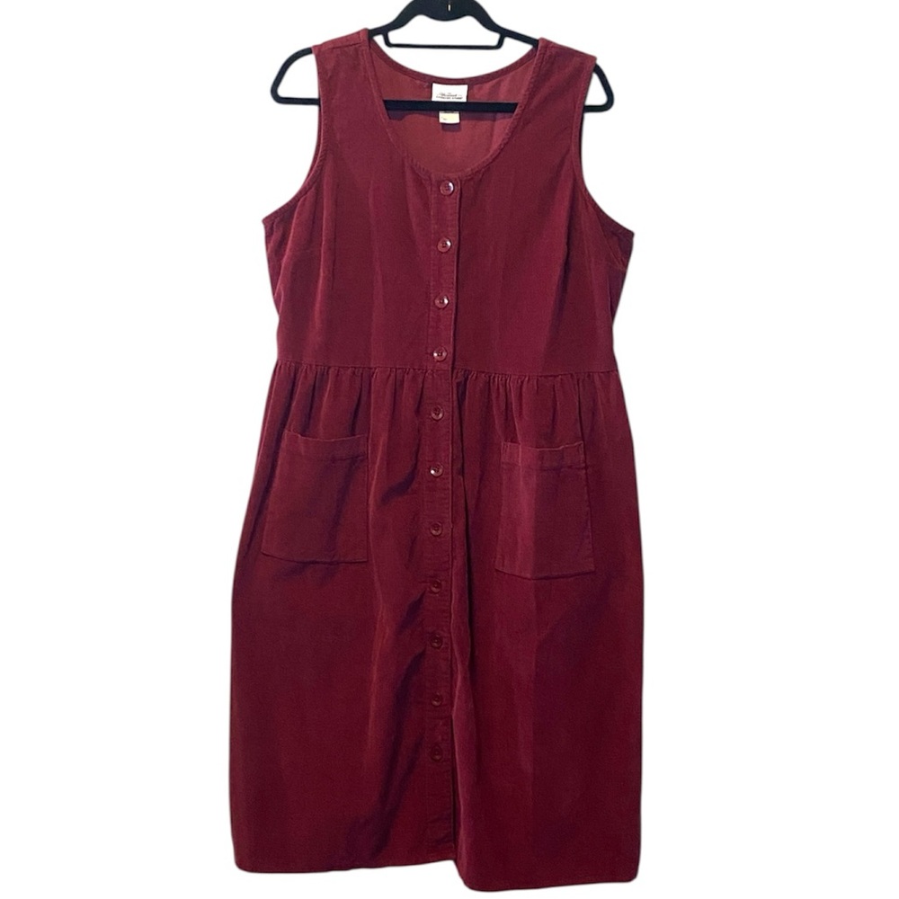 The Vermont Country Store Corduroy Dress Women's Large Red Cotton Pinafore Midi